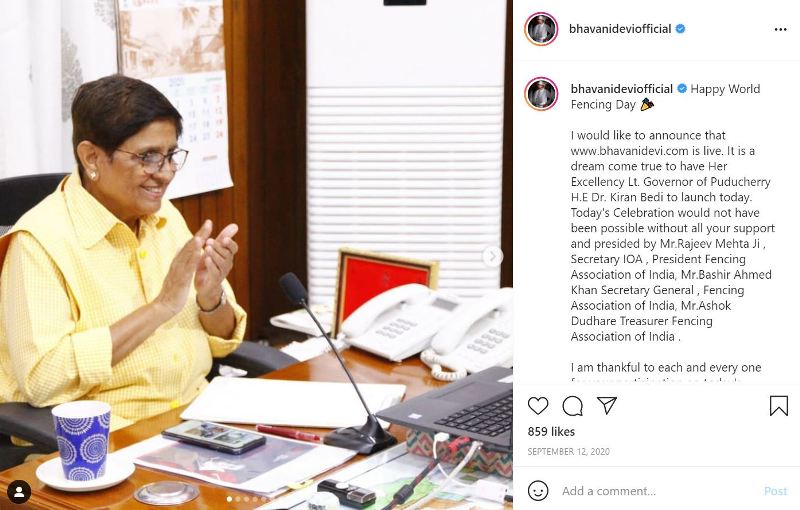 भवानी देवी का एक इंस्टाग्राम पोस्ट जब डॉ किरण बेदी ने अपनी ऑनलाइन आधिकारिक वेबसाइट लॉन्च की