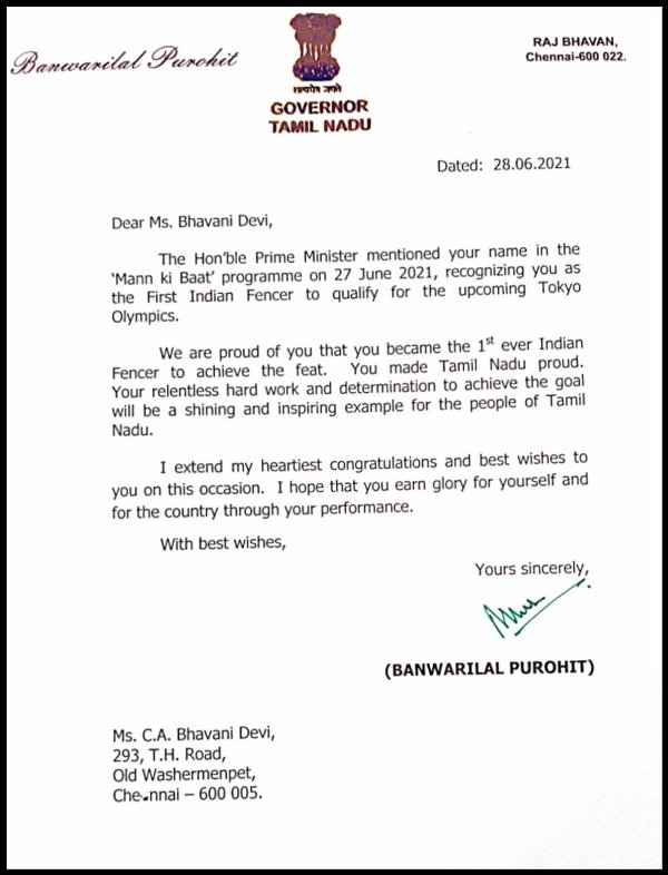 तमिलनाडु के माननीय राज्यपाल श्री बनवारीलाल पुरोहित सर ने भवानी देवी की सराहना की